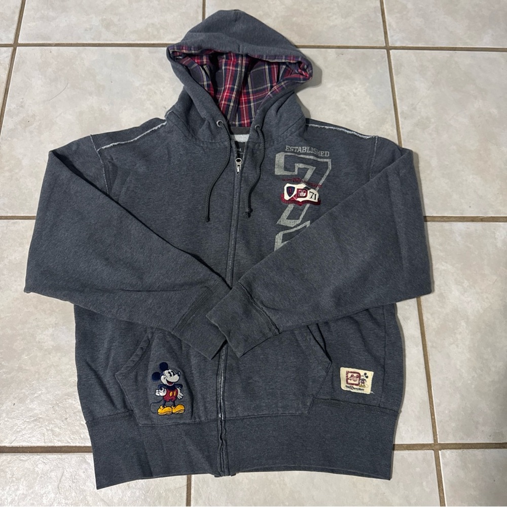 Walt Disney World Mickey Est 71 Distressed Full Zip Hoodie Mens Medium Gray